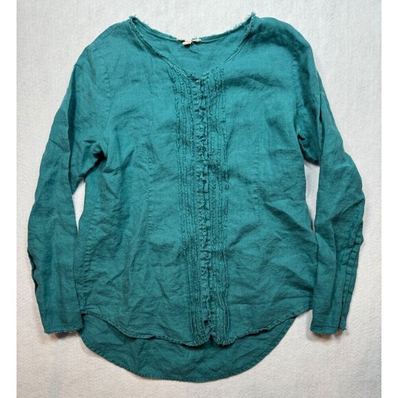 Eileen Fisher Irish Linen Button Front Shirt Jade Green Womens Small S Lagenlook - Picture 1 of 6